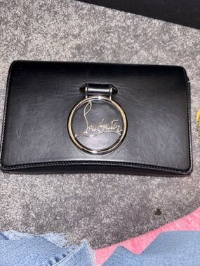 Christian Louboutin Black Leather Clutch with Silver Ring Logo